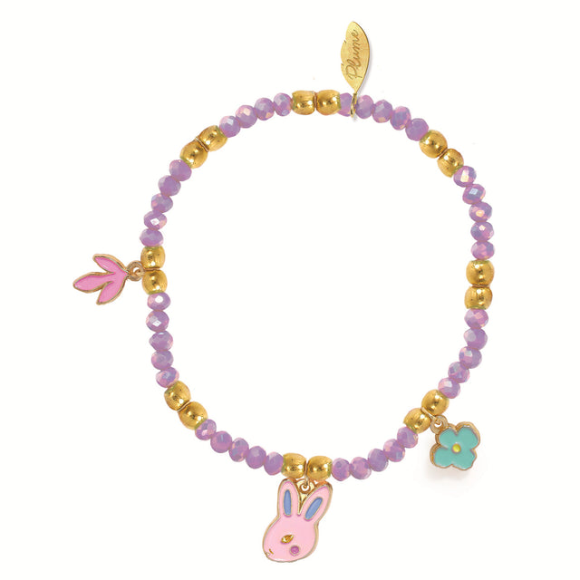 Garden Collection Rose bracelet with purple beads, gold accents, and bunny, flower, leaf charms.