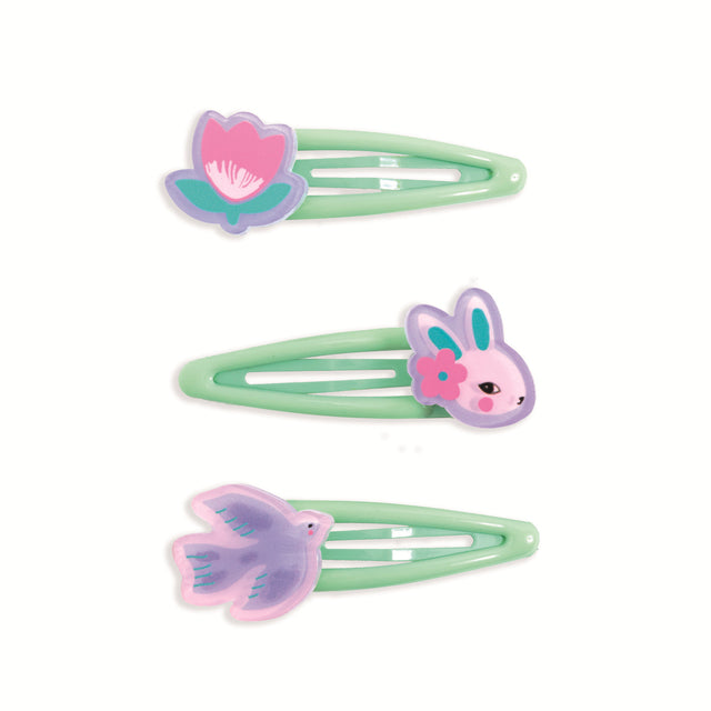 Set of 3 green snap hair clips with eglantine flower, bunny with flower, and purple bird motifs for girls.
