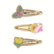 Set of 3 gold snap hair clips with embroidered butterfly, bunny with pansy flower, and yellow tulip motifs for girls.
