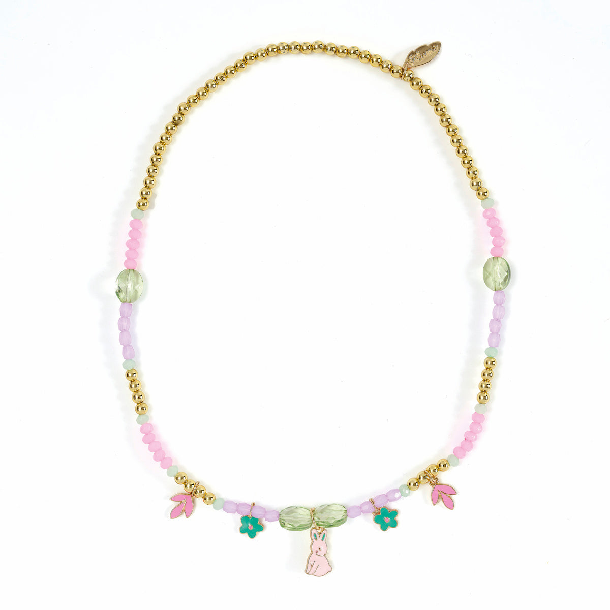 Garden Collection Camelia necklace with pastel beads, gold accents, bunny, flower, and leaf charms.