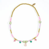 Garden Collection Camelia necklace with pastel beads, gold accents, bunny, flower, and leaf charms.