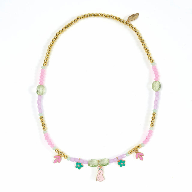 Garden Collection Camelia necklace with pastel beads, gold accents, bunny, flower, and leaf charms.