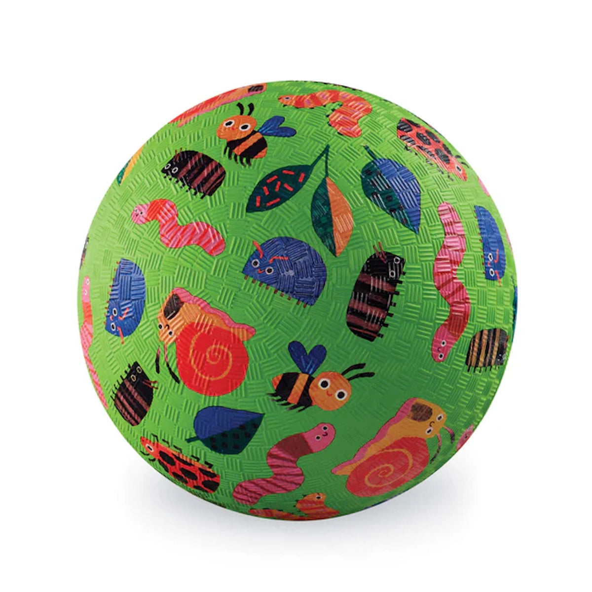 Green kids playground ball with bugs, snails, bees, and worms illustrations on textured rubber.