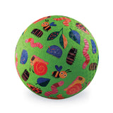 Green kids playground ball with bugs, snails, bees, and worms illustrations on textured rubber.