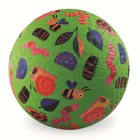 Green textured playground ball with a colorful garden insect pattern featuring bees, worms, and snails.