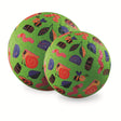 Two green textured playground balls featuring colorful cartoon garden bugs, bees, and snails.