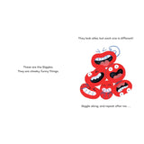 Illustration of red, laughing mouth characters called Giggles with accompanying book text.