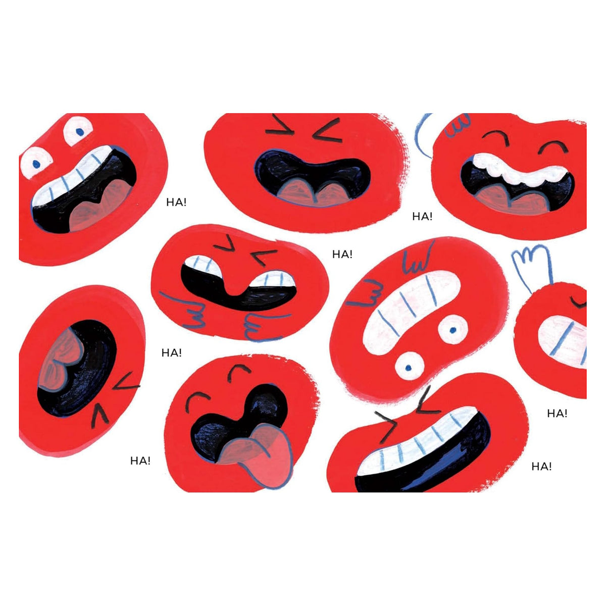 Illustration of animated red blob characters laughing hysterically with silly expressions and 'HA!' text.