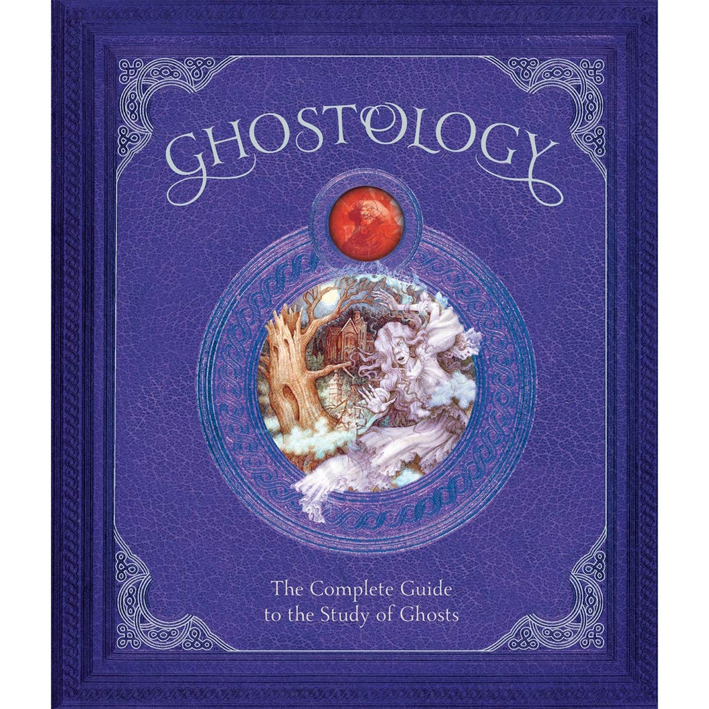 Blue book cover titled "Ghostology." Features an ornate, mystical design with a ghostly figure and tree in a circular emblem. Enigmatic and mysterious.
