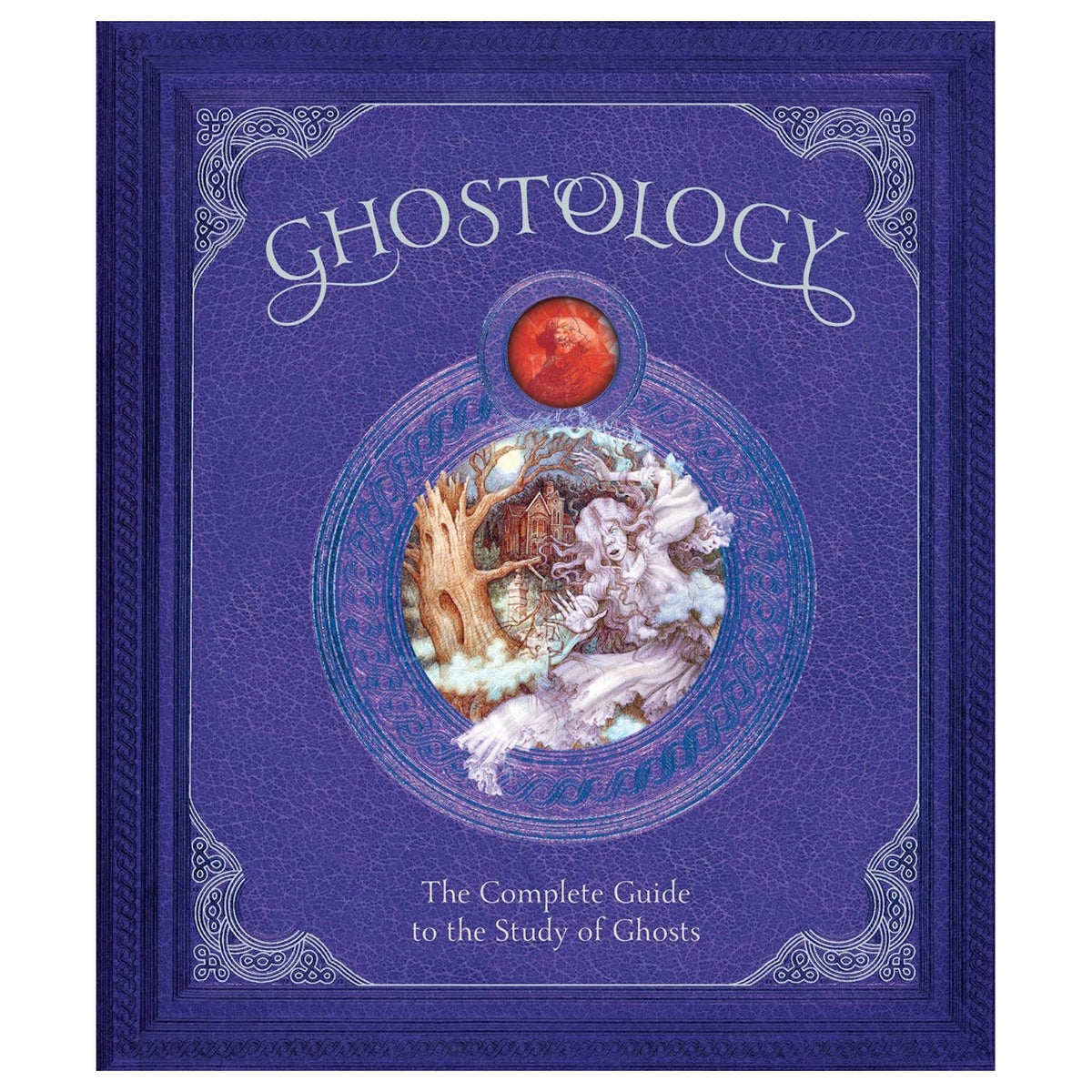 Purple faux-leather book cover titled Ghostology: The Complete Guide to the Study of Ghosts with gothic illustrations.
