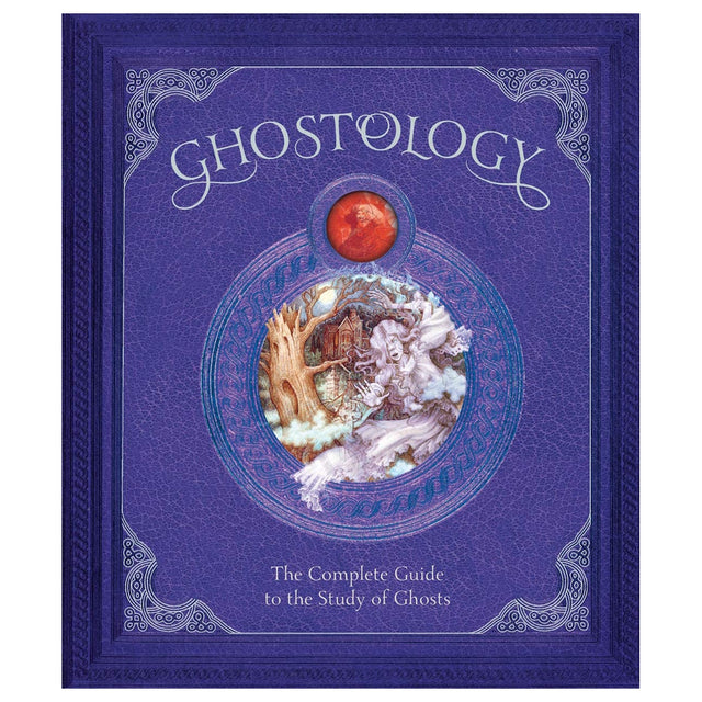 Purple faux-leather book cover titled Ghostology: The Complete Guide to the Study of Ghosts with gothic illustrations.
