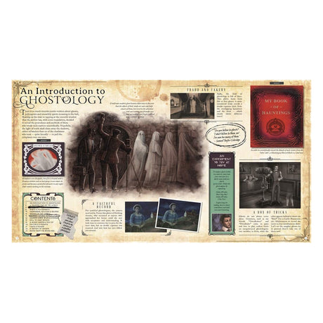 Open book spread titled "An Introduction to Ghostology" with vintage-style illustrations of ghosts and paranormal research.