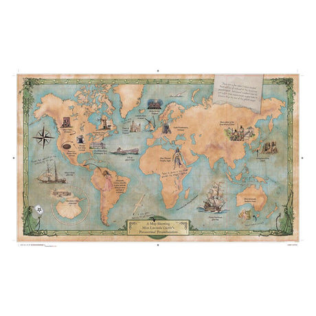 Antique-style world map titled "Miss Lucinda Curtle’s Paranormal Perambulations" featuring illustrations of global ghost sites.