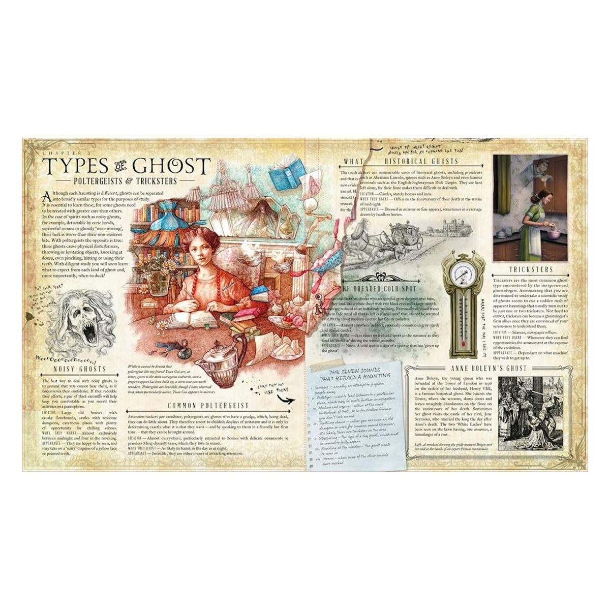 Open book spread from Ghostology, titled Types of Ghost: Poltergeists & Tricksters, featuring intricate vintage illustrations.