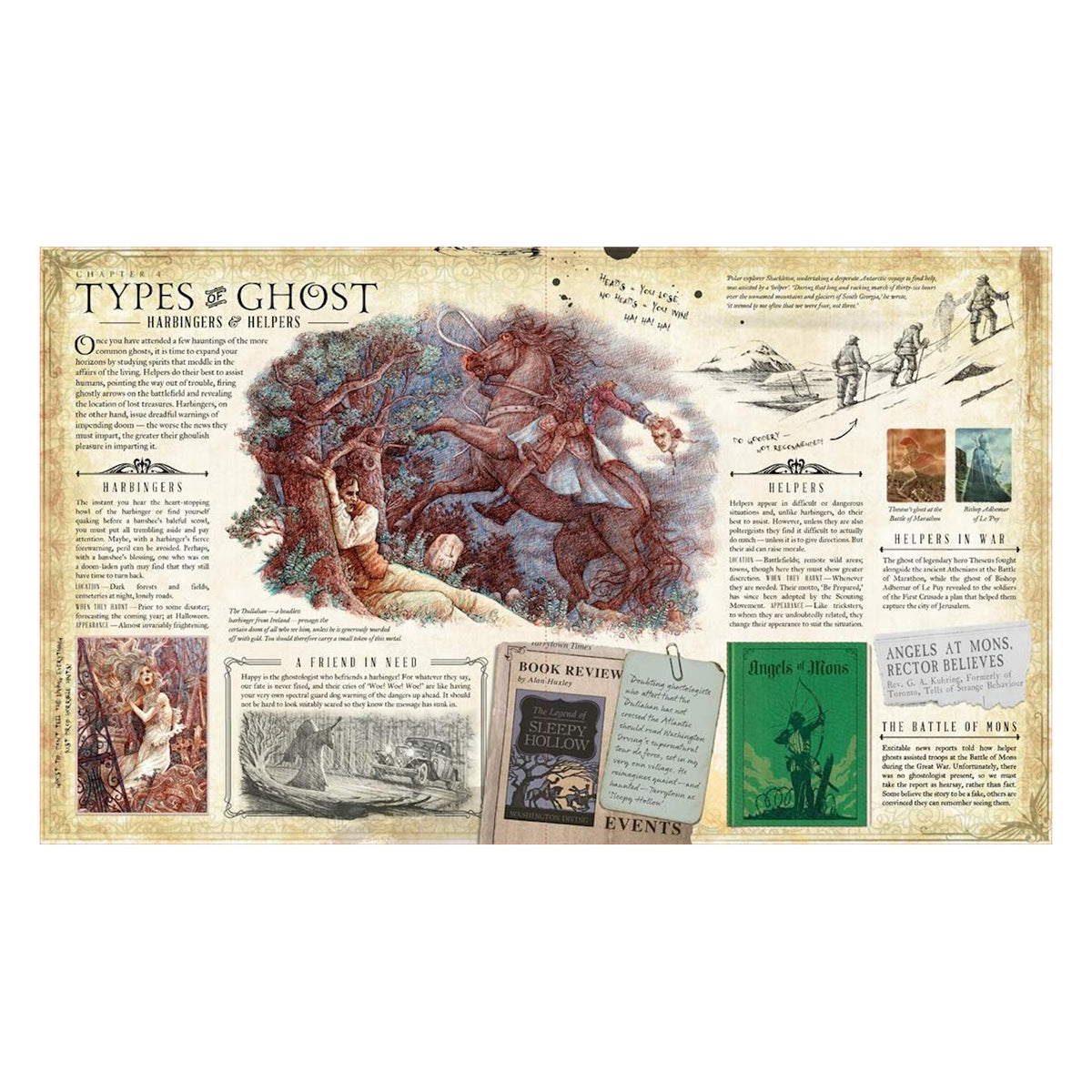 A two-page spread titled "Types of Ghost" from the book Ghostology, featuring a headless horseman and spectral illustrations.