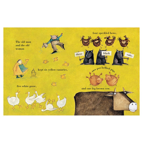 Whimsical children's book illustration on yellow background featuring farm animals, an old man, and an old woman.
