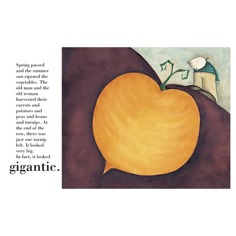 Illustration of a man looking at an enormous yellow turnip in a field, from the children's book The Gigantic Turnip.