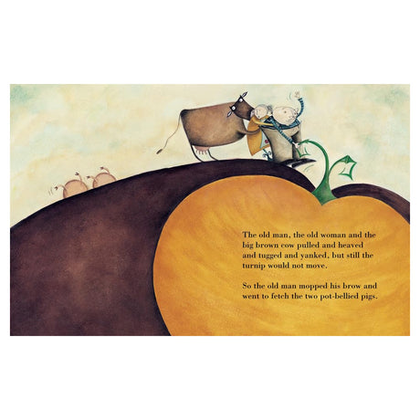 Illustration of an old man, woman, and brown cow pulling a giant turnip from "The Enormous Turnip" children's book.