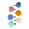 Six colorful pom-pom hair clips with gingham ribbon bases.