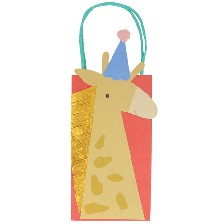 Meri Meri animal parade giraffe party bag with gold fringe mane and blue party hat on a red paper gift bag with handles.