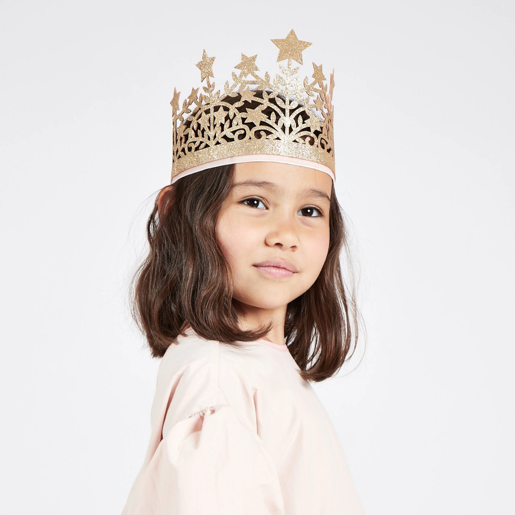 A soft fabric crown adorned with glittery stars, perfect for dress-up, parties, or magical celebrations.