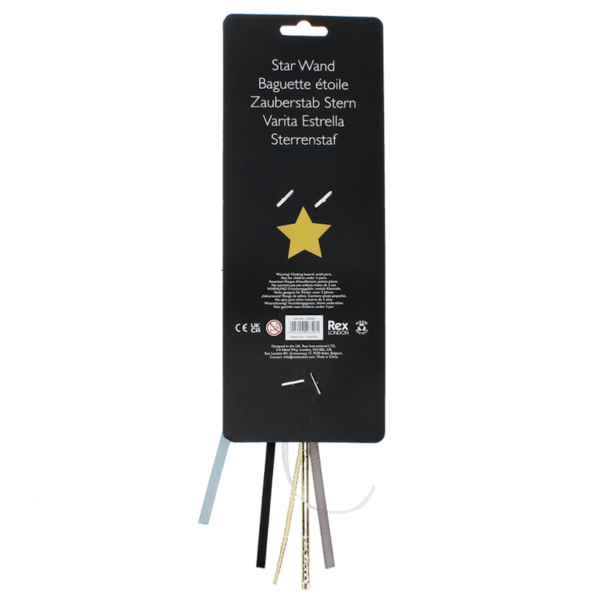 Back packaging of a Rex London Star Wand with multilingual product labels and safety warnings.