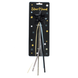 Black glitter star magic wand packaged on a star-patterned cardboard retail card.