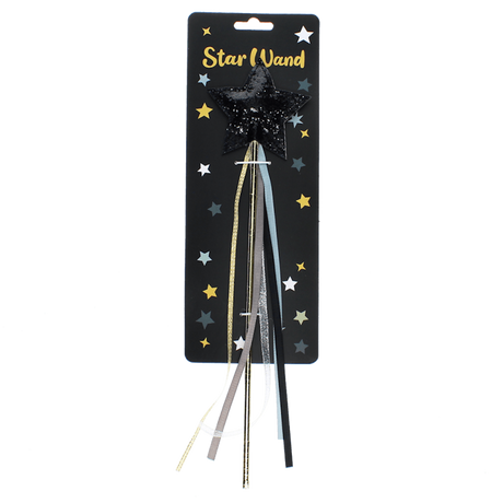 Black glitter star magic wand packaged on a star-patterned cardboard retail card.