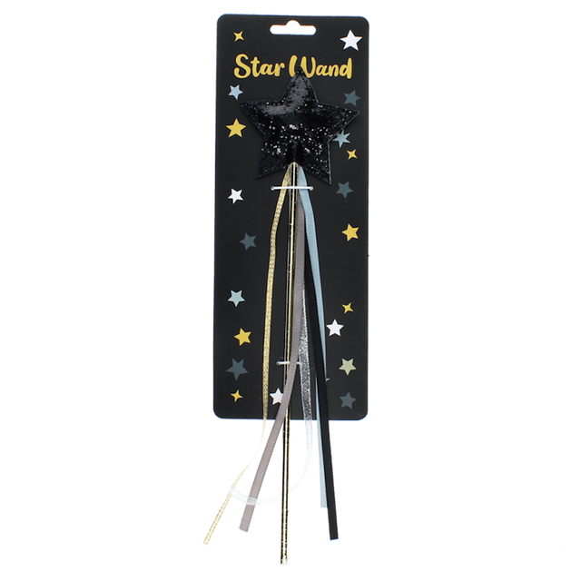 Black glitter star magic wand packaged on a star-patterned cardboard retail card.
