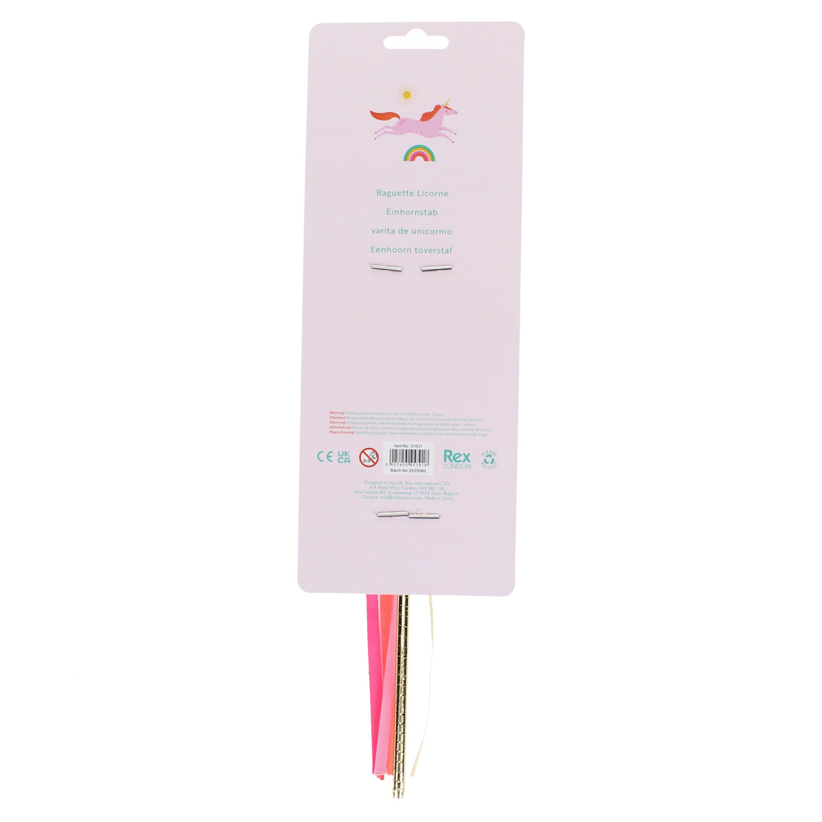 Back of pink product packaging for a unicorn glitter wand toy with multi-colored ribbons hanging down.