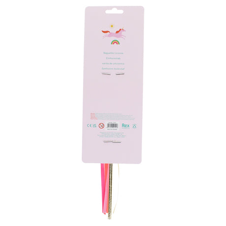 Back of pink product packaging for a unicorn glitter wand toy with multi-colored ribbons hanging down.