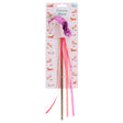 Pink glittery unicorn toy wand with colorful hanging ribbons, attached to its original retail packaging.