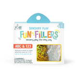 Glo Pals ABC & 123 Sensory Play Fun Fillers box featuring colorful text and a clear window showing trinkets.