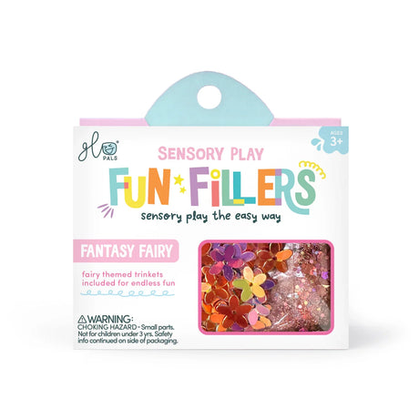 Glo Pals Fantasy Fairy Sensory Play Fun Fillers box with colorful flower sequins visible in the window.