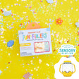 Glo Pals Funky Farm Sensory Play Fun Fillers box surrounded by colorful confetti on a bright yellow background.
