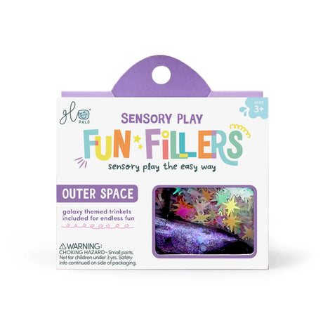 Glo Pals Sensory Play Fun Fillers Outer Space box with colorful star trinkets and galaxy glitter inside.