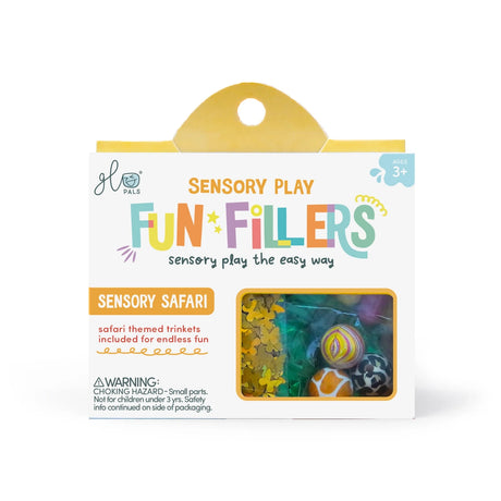 Packaging for Glo Pals Sensory Safari Fun Fillers, containing safari-themed trinkets and animal-print balls.
