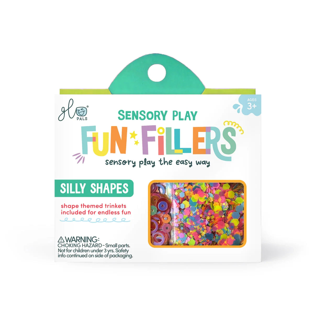 Glo Pals Sensory Play Fun Fillers Silly Shapes box with colorful confetti and shape trinkets inside.