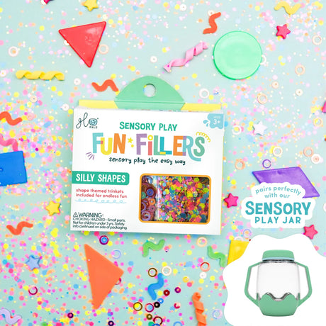 Glo Pals Silly Shapes Fun Fillers box surrounded by colorful confetti and shape trinkets.