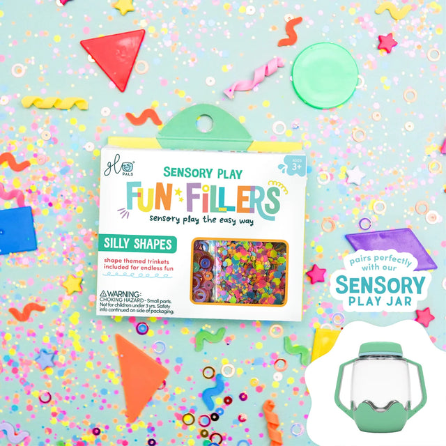 Glo Pals Silly Shapes Fun Fillers box surrounded by colorful confetti and shape trinkets.