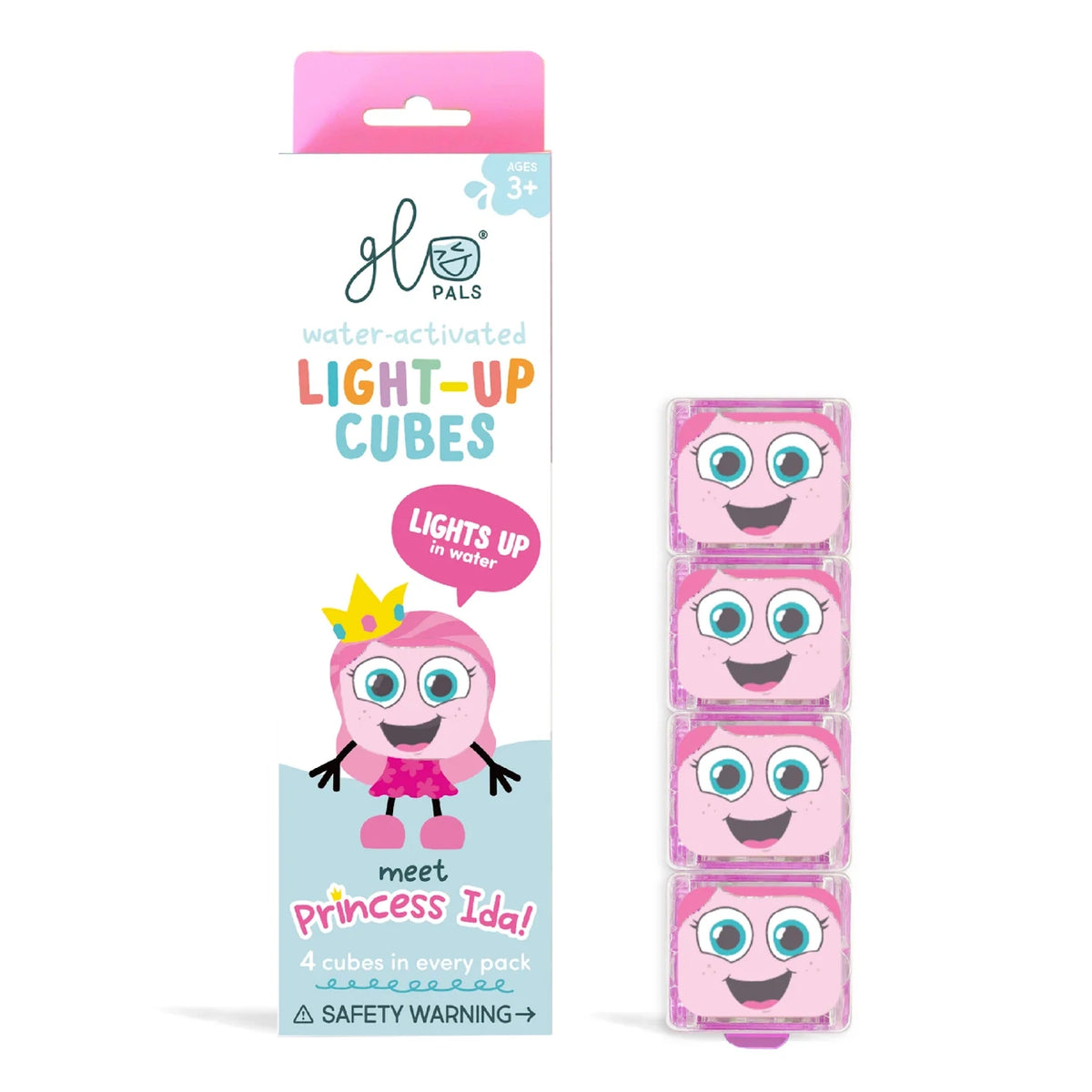Glo Pals Princess Ida water-activated light-up cubes 4-pack in pink packaging alongside four character cubes.