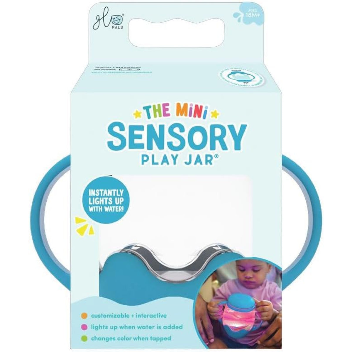 Front packaging of the light blue Glo Pals Mini Sensory Play Jar for ages 18M+.