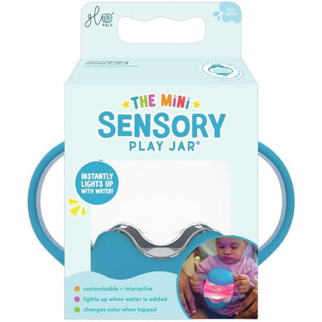 Front packaging of the light blue Glo Pals Mini Sensory Play Jar for ages 18M+.