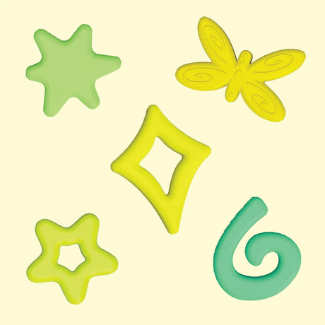 Colorful yellow and green sensory shapes including a butterfly, stars, diamond, and spiral on a pale background.