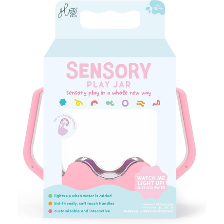 Packaging box for a Glo Pals pink Sensory Play Jar with handles.