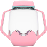 Empty clear sensory play jar with pink handles, a pink lid, and a blue trim accent.