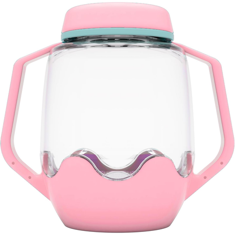 Empty clear sensory play jar with pink handles, a pink lid, and a blue trim accent.