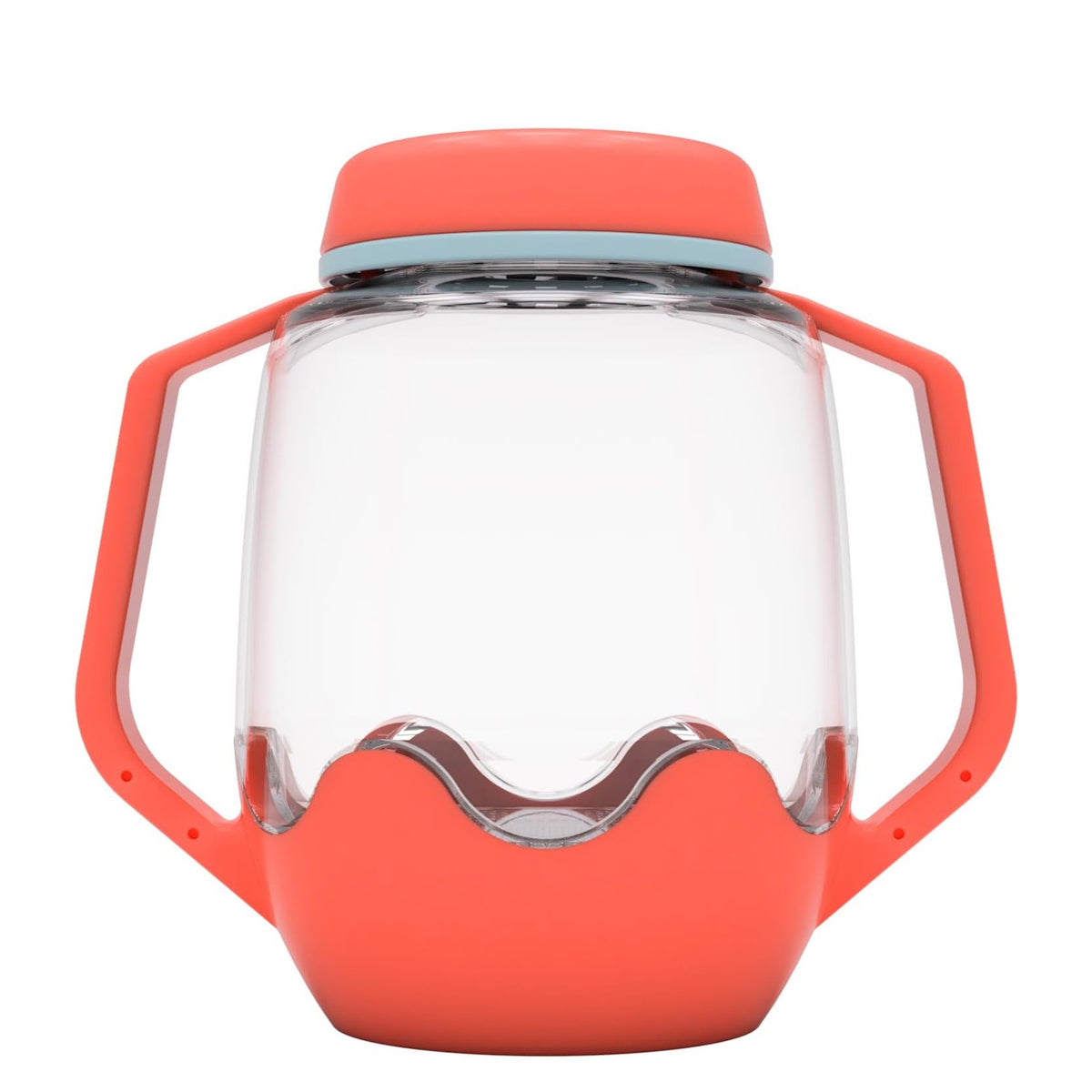 Clear plastic sensory jar with coral-red handles, lid, and base against a plain white background.