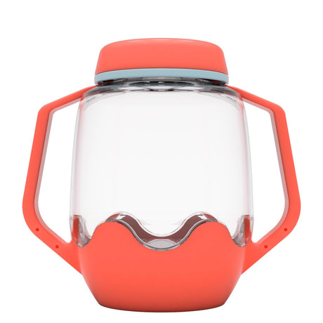 Clear plastic sensory jar with coral-red handles, lid, and base against a plain white background.