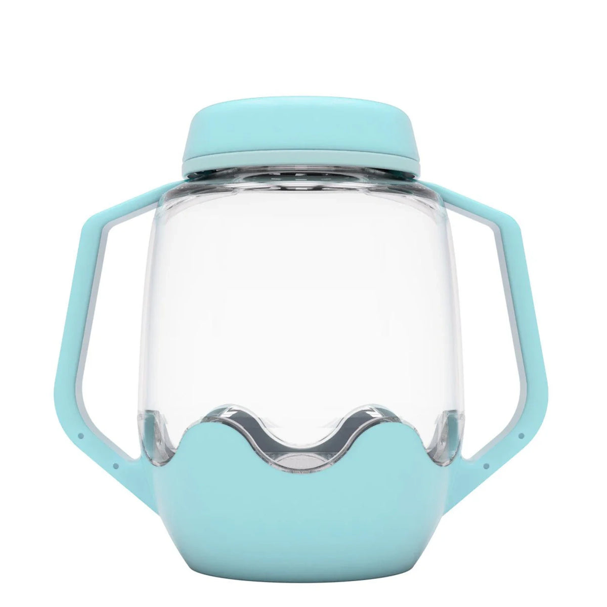 Light blue sensory play jar with side handles, a matching lid, and a wavy base on a plain background.